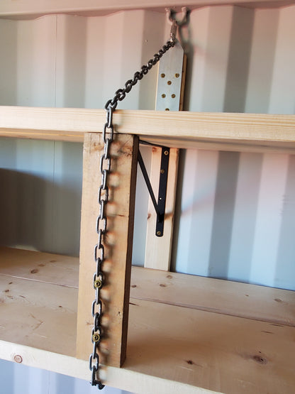 3/16" chain providing additional support for shelving in a container, using ZOOM container shelving kits.